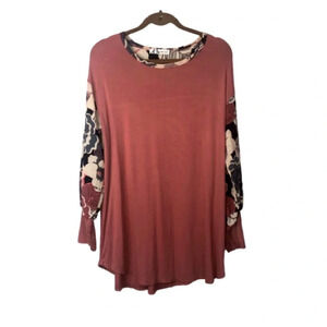 5/$25 Mai Soli Tunic Top Solid Floral Salmon Pink XL  Long Sleeve Mixed Media